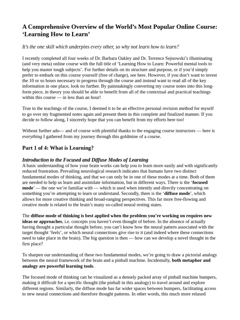Learning How To Learn Summary | PDF | Habits | Memory