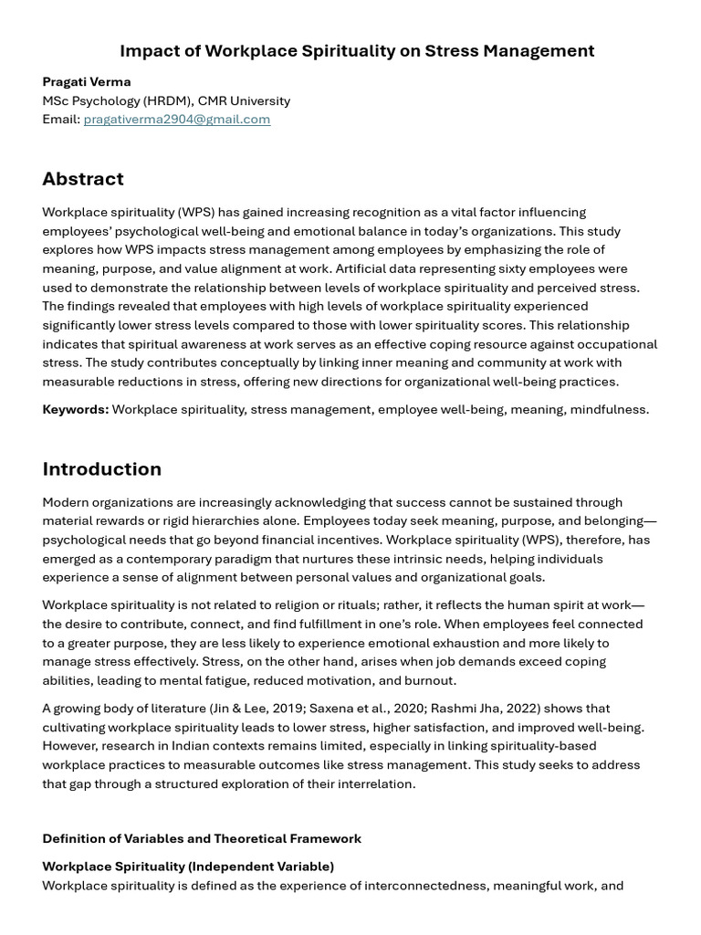 Impact of Workplace Spirituality On Stress Management Complete | PDF ...