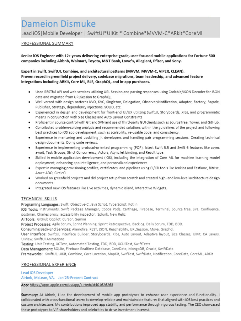 Dameion Dismuke - iOS Lead | PDF | Swift (Programming Language) | Ios