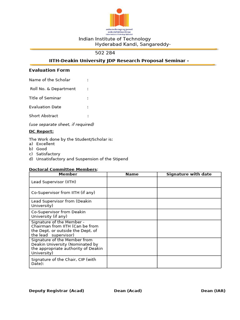 IITH - Deakin JDP - Research Proposal Seminar - Evaluation Form | PDF