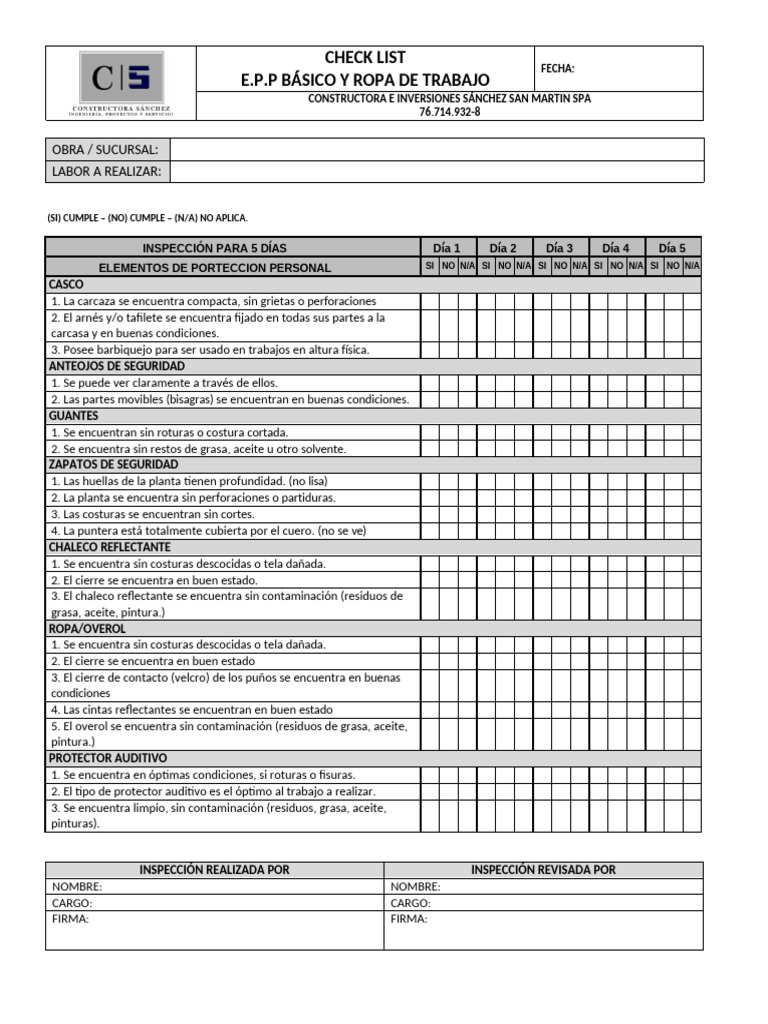 Check List Epp y Ropa de Trabajo | PDF