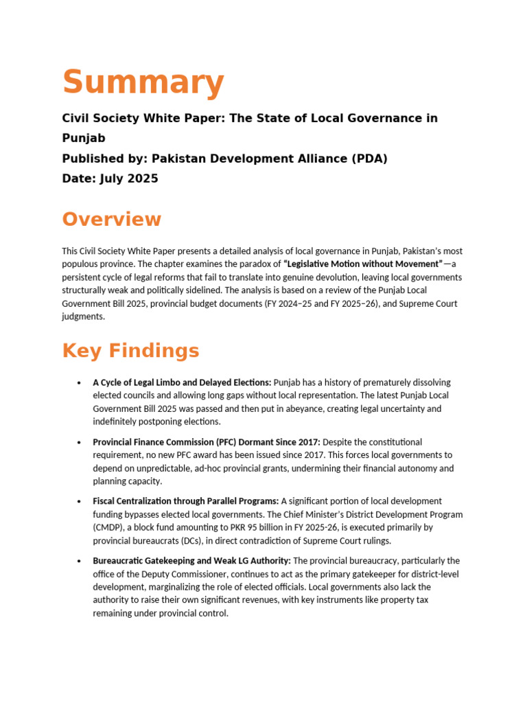 Summary - Punjab Local Governance Profile | PDF