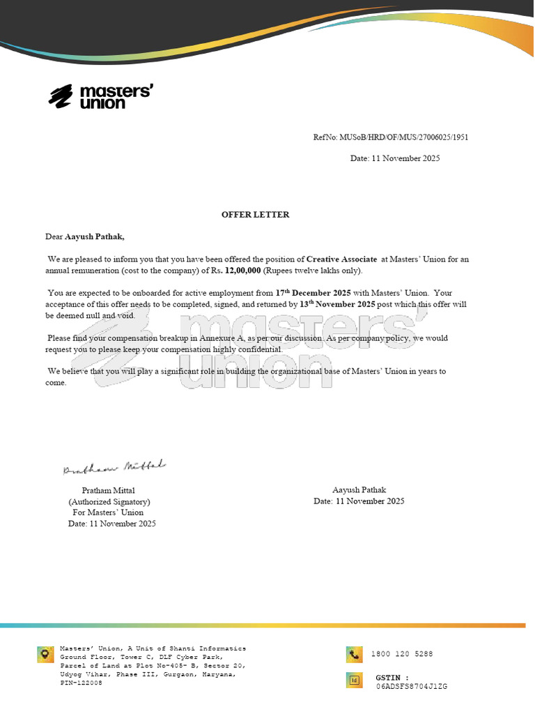 Masters Union-Offer Letter - Aayush Pathak-Compressed | PDF | Public ...