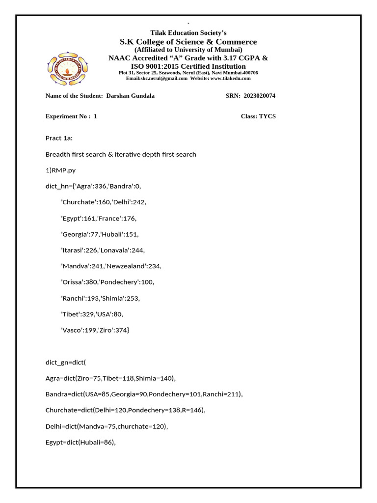 Practical 1 AI Darshan | PDF | Combinatorics | Algorithms