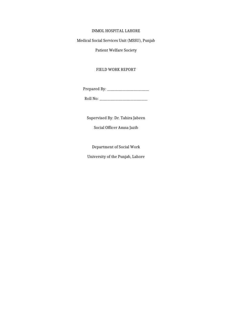 Field Work Report With Cover Page | PDF | Hospital | Social Work
