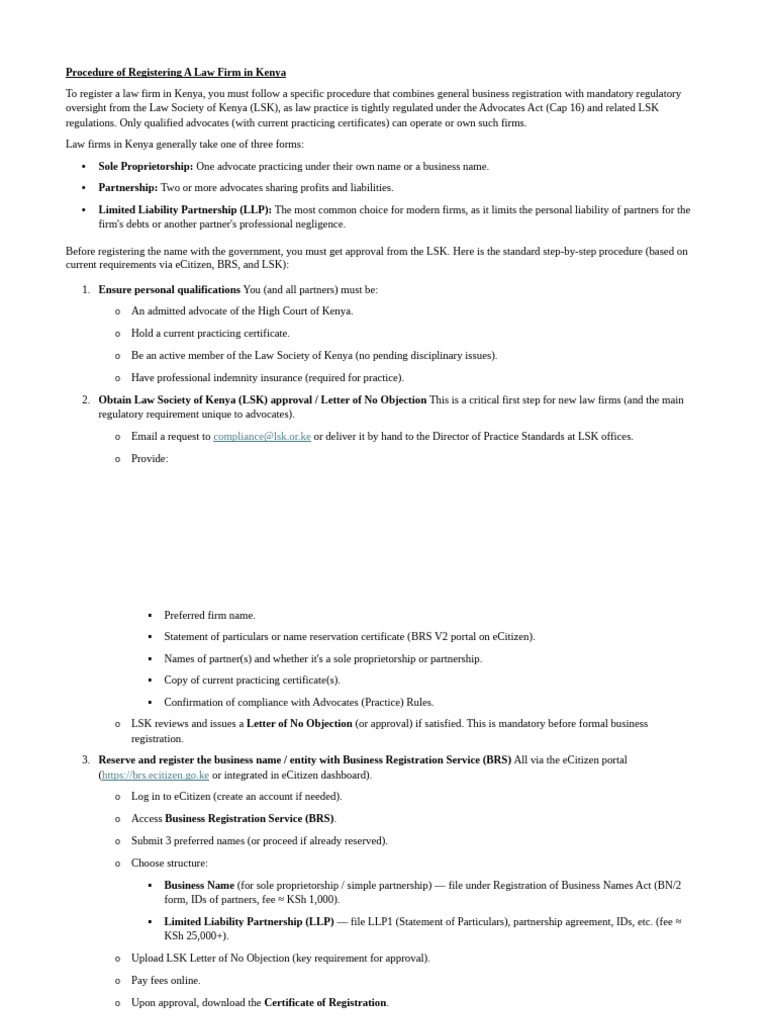 Procedure of Registering A Law Firm in Kenya | PDF | Limited Liability ...