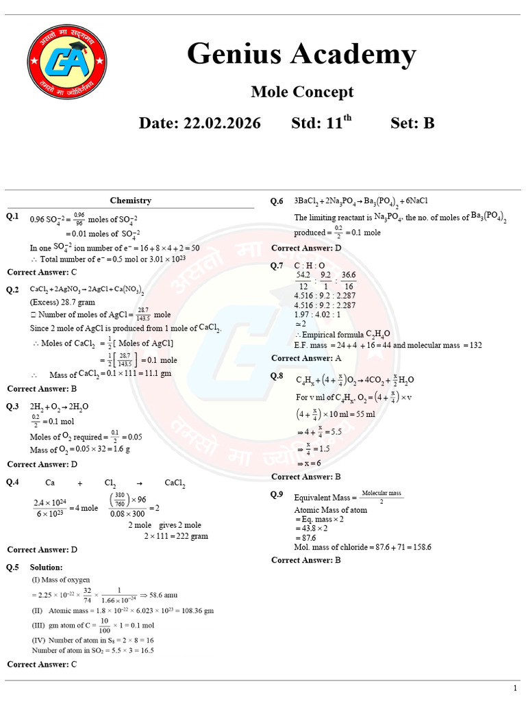 Mole Concept Set B (Solution) | PDF | Mole (Unit) | Physical Chemistry