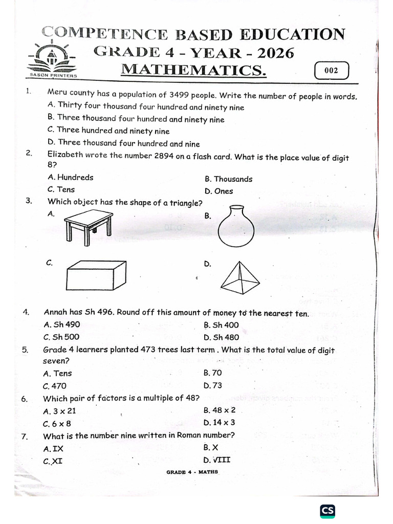 Grade 4 Mid Term 1 2026 Combined Set | PDF