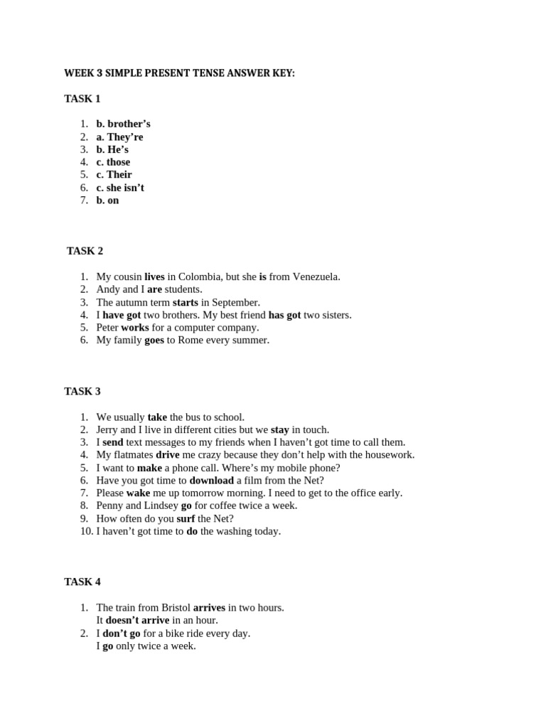 Week 3 Simple Present Tense Answer Key | PDF