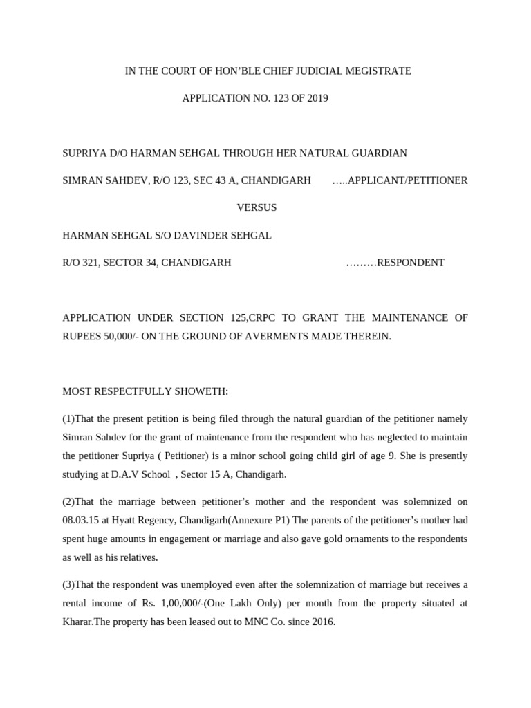 Application Under Section 125 of CRPC For Maintenance | PDF | Affidavit ...