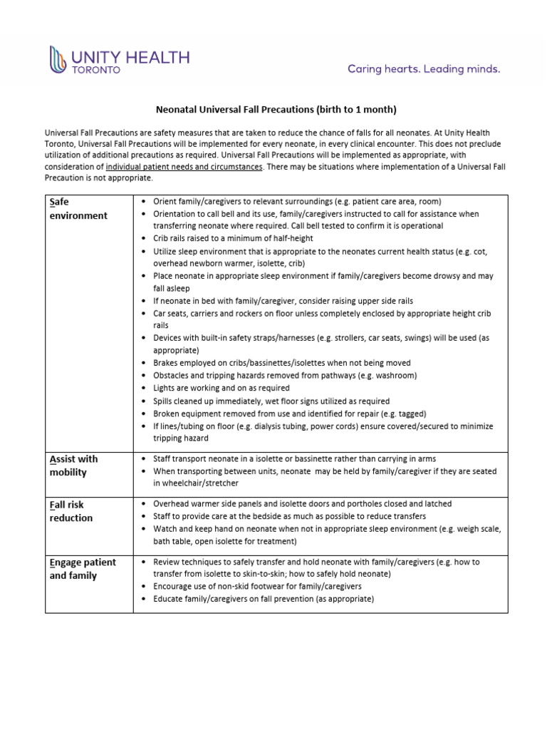 Approved Universal Falls Precautions | PDF | Caregiver | Neonatal ...
