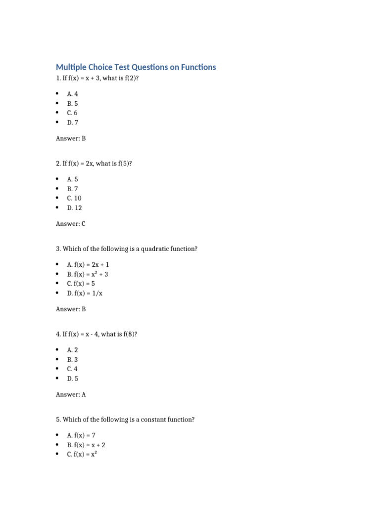 Functions Test Questions | PDF