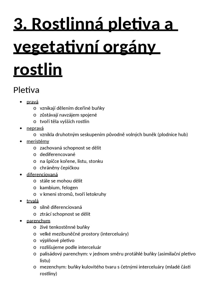 Rostlinná Pletiva, Vegetetivní Orgány Rostlin | PDF