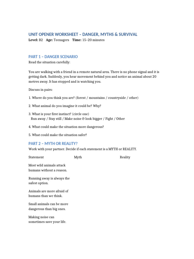 Unit Opener Worksheet Danger Myths Survival | PDF