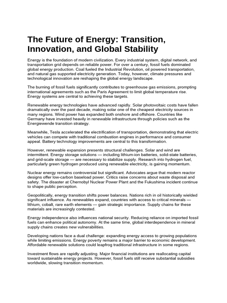 The Future of Energy - Transition, Innovation, and Global Stability ...