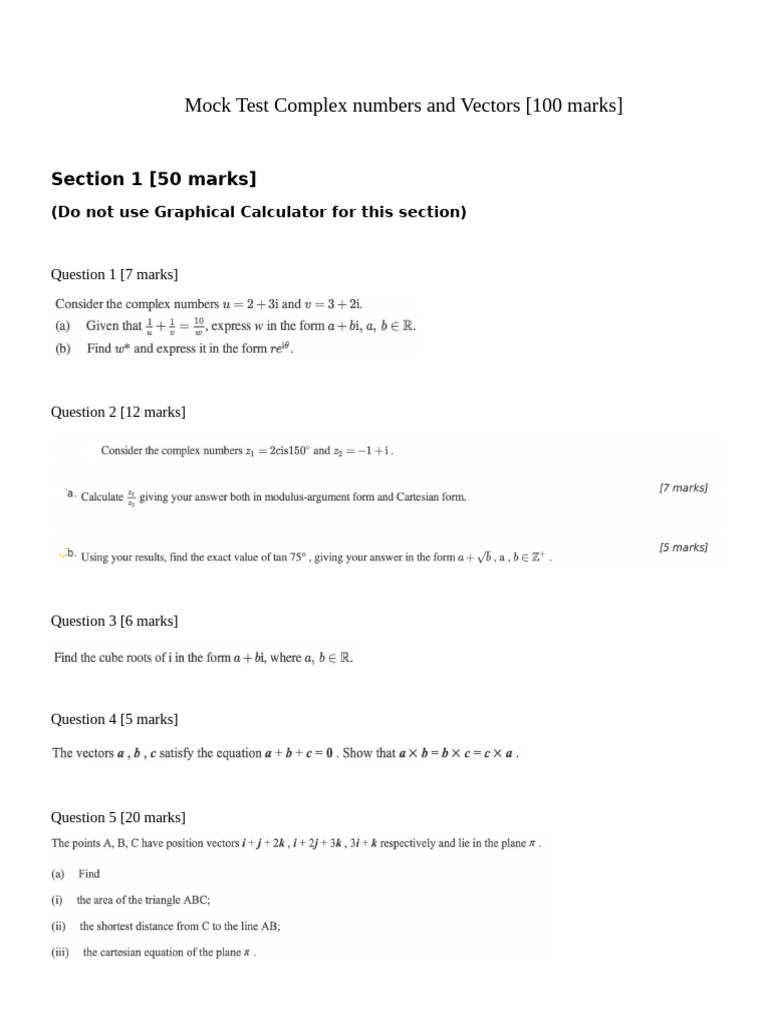 Mock Test Complex Numbers and Vectors | PDF