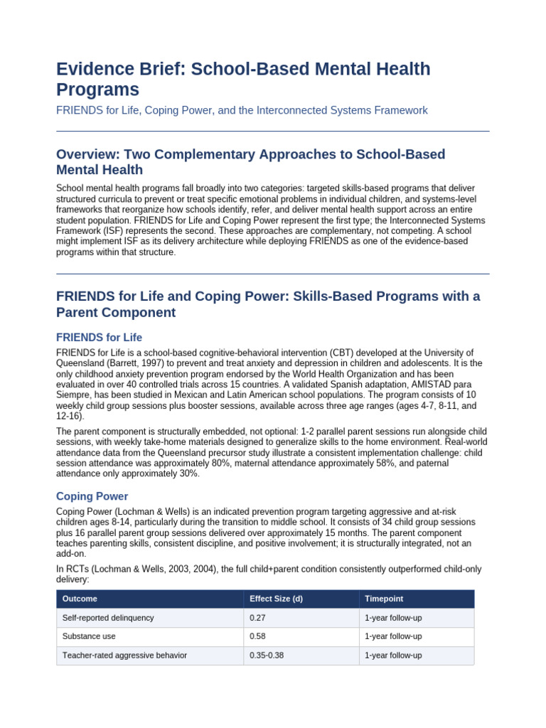 School - Mental Health - Evidence - Brief | PDF | Cognitive Behavioral ...