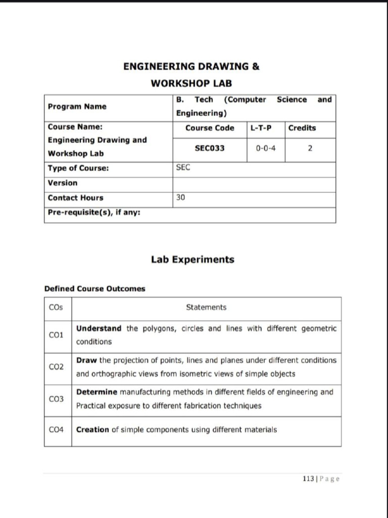 Engineering Drawing and Workshop Lab | PDF