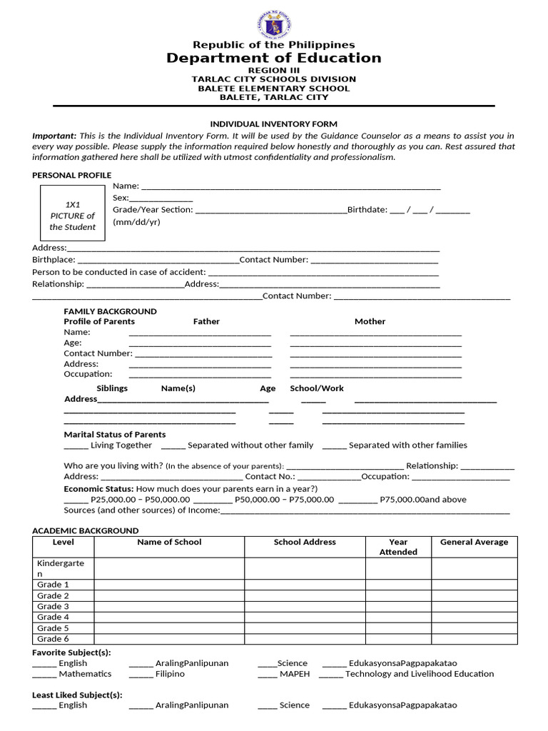 Individual Inventory Form Guidance 1 | PDF | Counseling Psychology ...