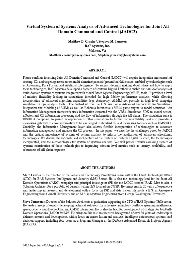 Virtual System of Systems Analysis of Advanced Technologies For Joint ...