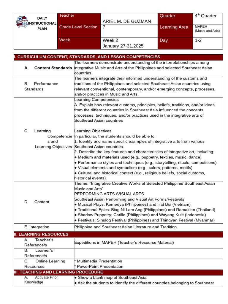 Q4-Week 2 - Grade 7 - MUsic and Arts | PDF | Southeast Asia | Human ...