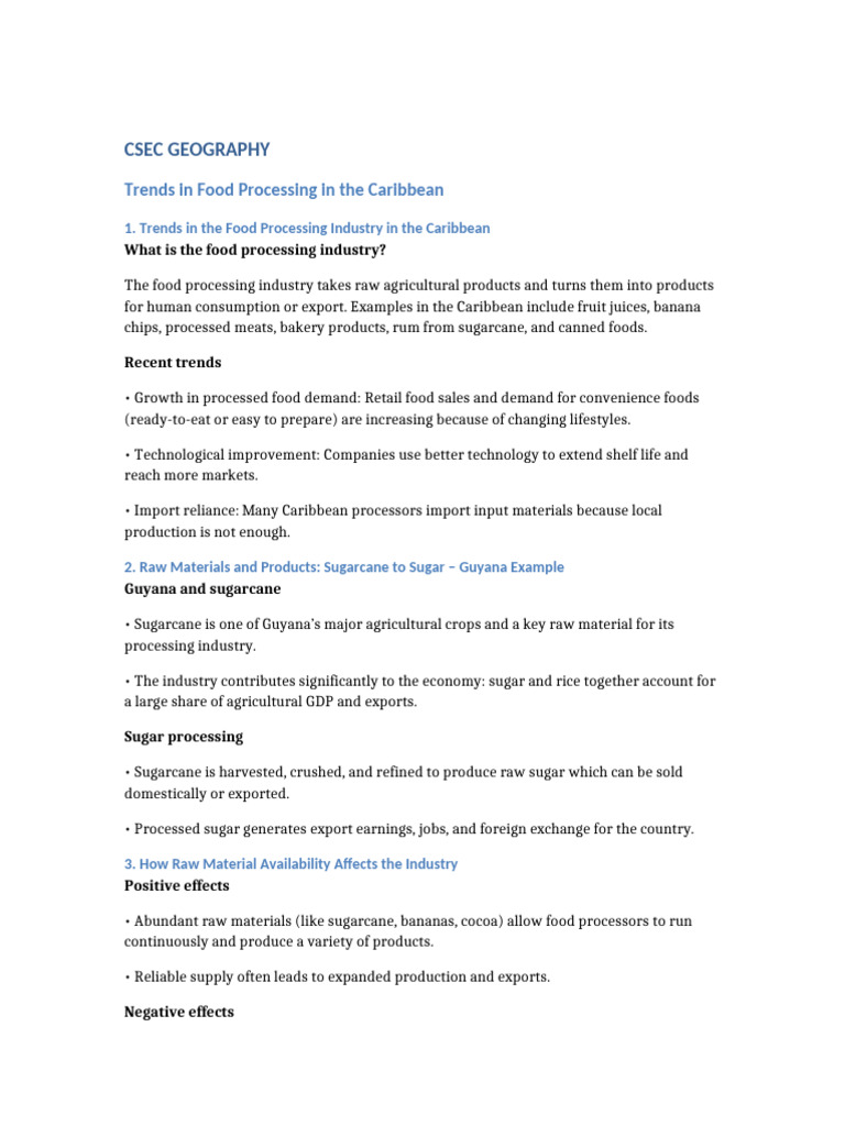 CSEC Geography Food Processing Caribbean-1 | PDF | Agriculture | Sugarcane