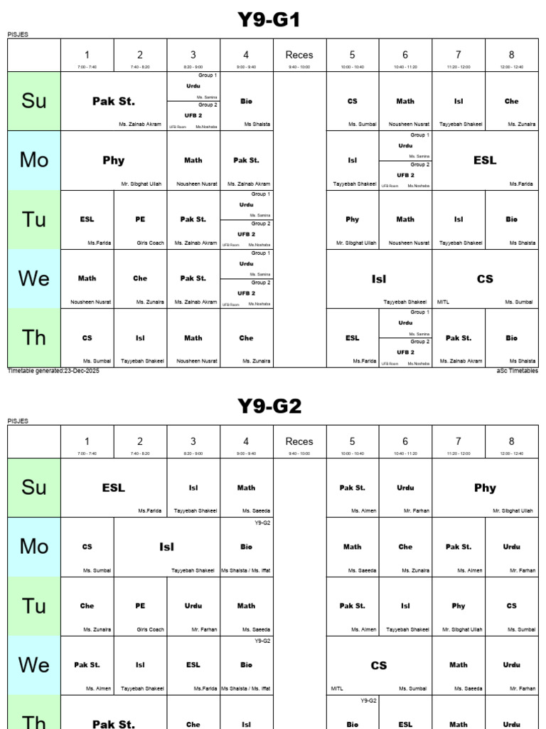 Y9-Y10 Girls Timetables 4th January, 2026 224906735 | PDF