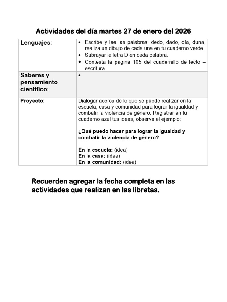 Actividades Del Día Martes 27 de Enero Del 2026 (1) - 120916 | PDF