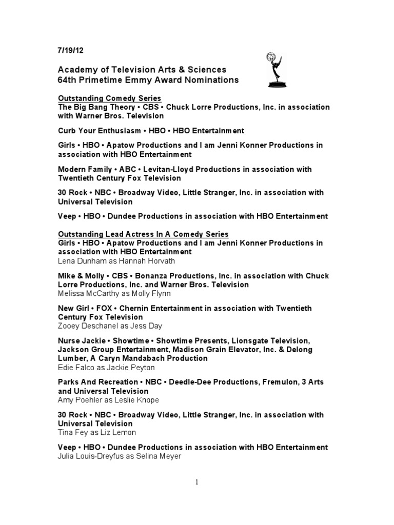 2012 Emmy Nominations: Comedy & Drama | PDF