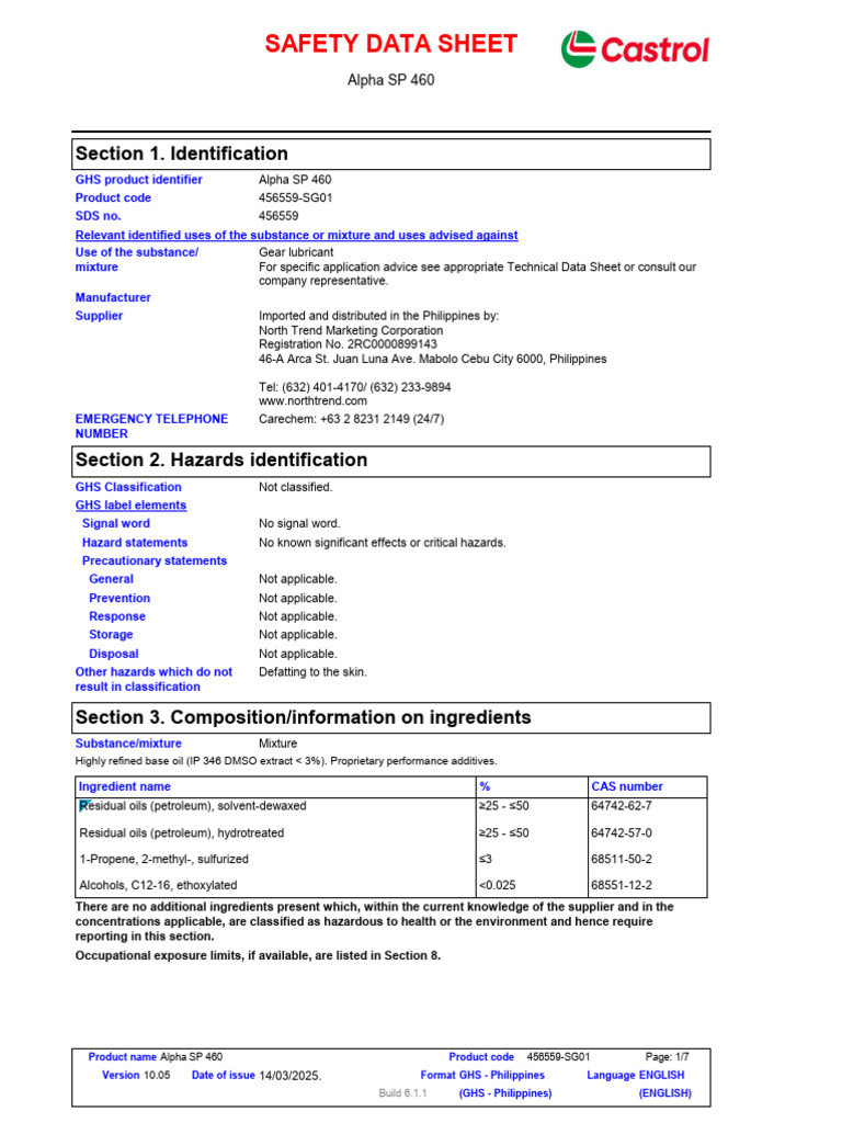 MSDS - Castrol Alpha SP 460 | PDF | Occupational Safety And Health | Safety