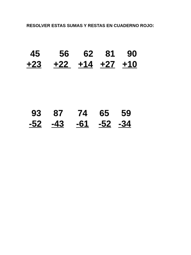Resolver Estas Sumas y Restas en Cuaderno Rojo | PDF