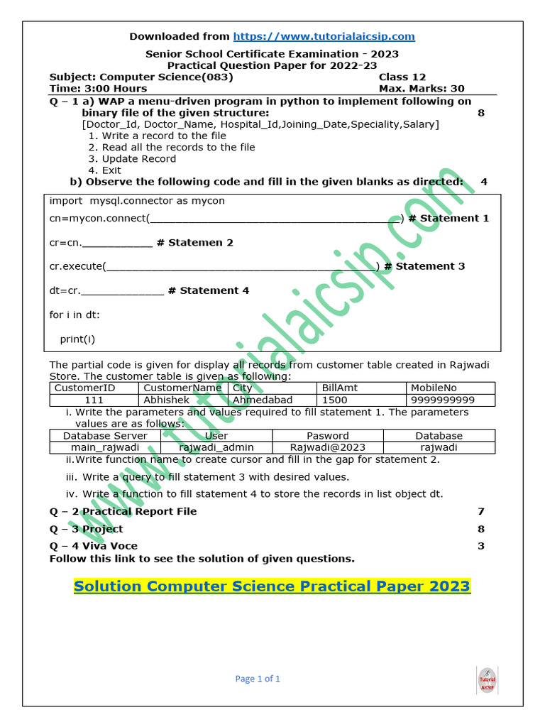 Practical Paper CS Class 12 Set IV | PDF