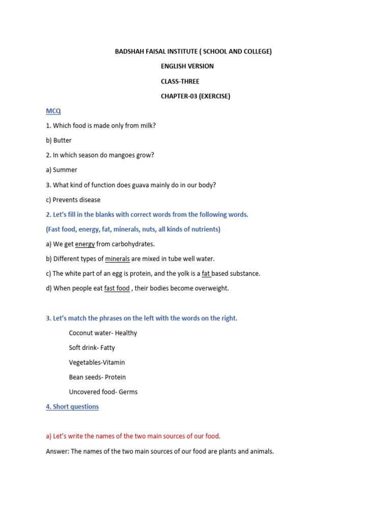 Chapter 3, Class 3. Science | PDF | Foods | Nutrients