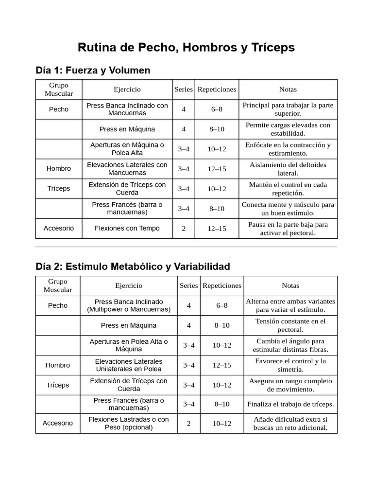 Rutina de Pecho, Hombros y Tríceps | PDF | Sistema musculoesquelético