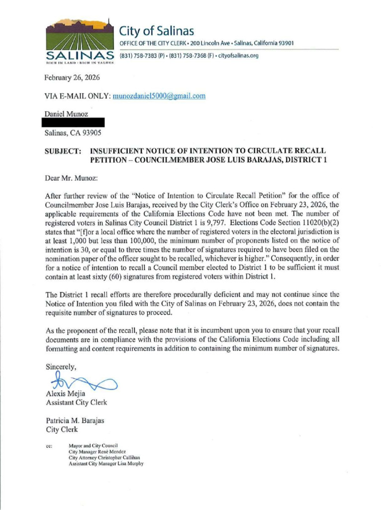 Redacted Letters Notice of Recall Intent | PDF