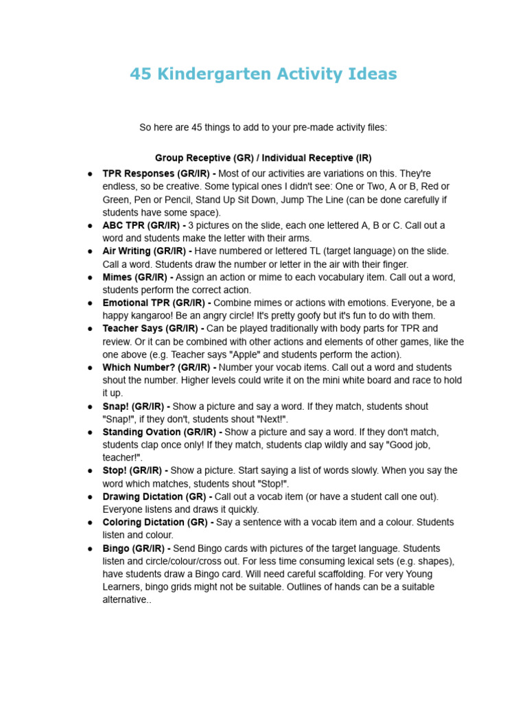 45 Kindergarten Activity Ideas | PDF