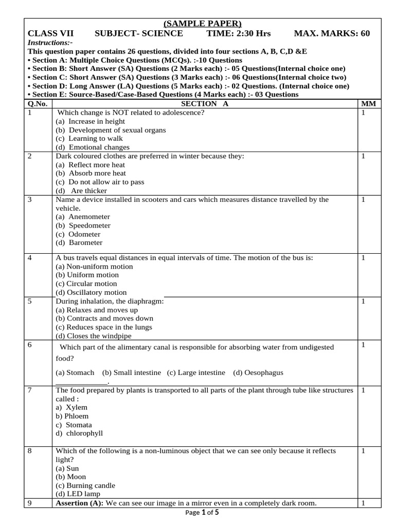 Sample Paper Science Class Vii | PDF | Eclipse | Earth