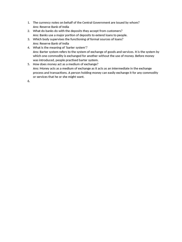 Money and Credit Short Questions | PDF