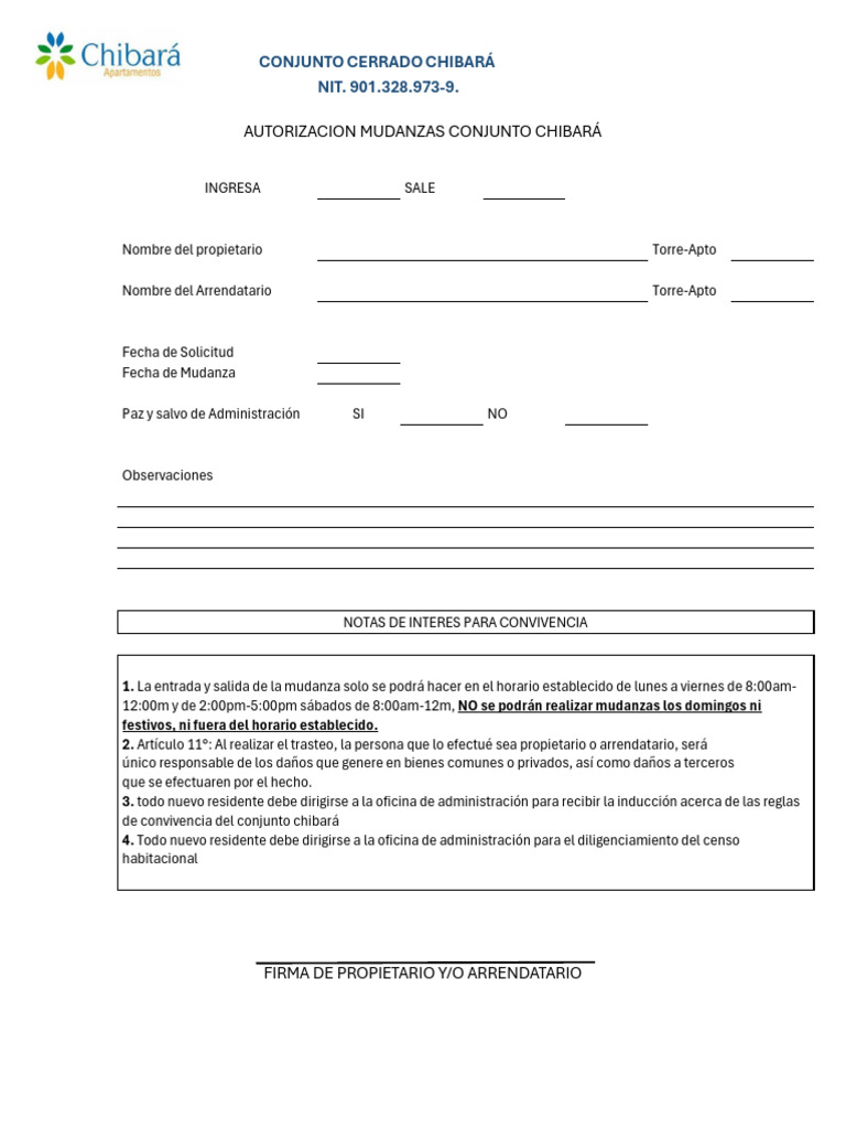 Autorizacion Mudanzas Conjunto Chibará | PDF