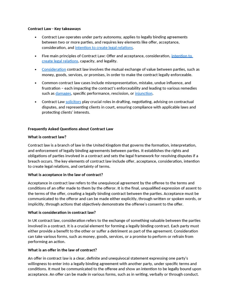 Contract Law Key Elements | PDF | Offer And Acceptance | Consideration