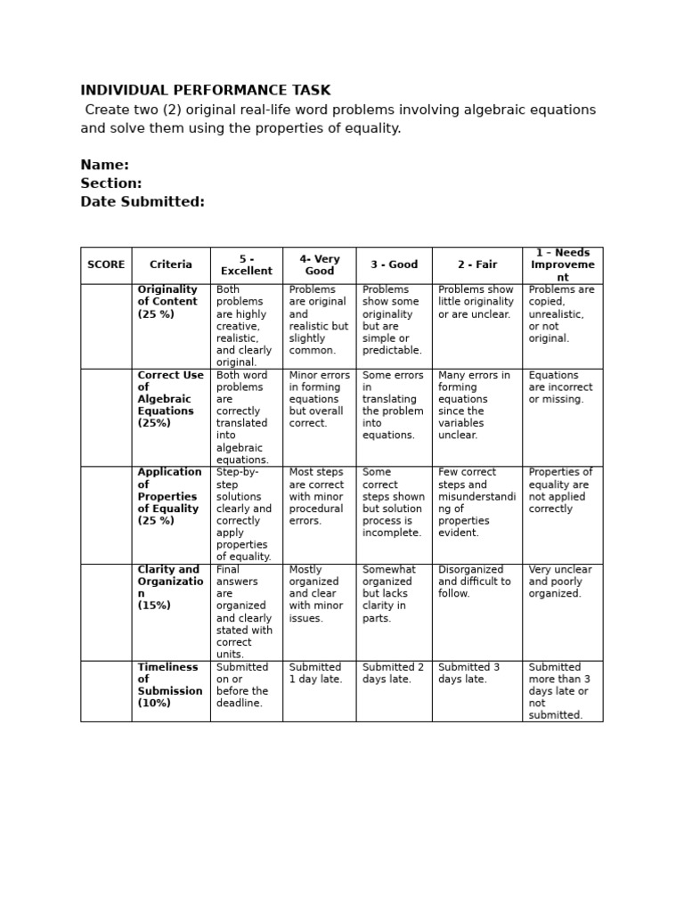 Criteria For Performance Task | PDF | Equations | Mathematics