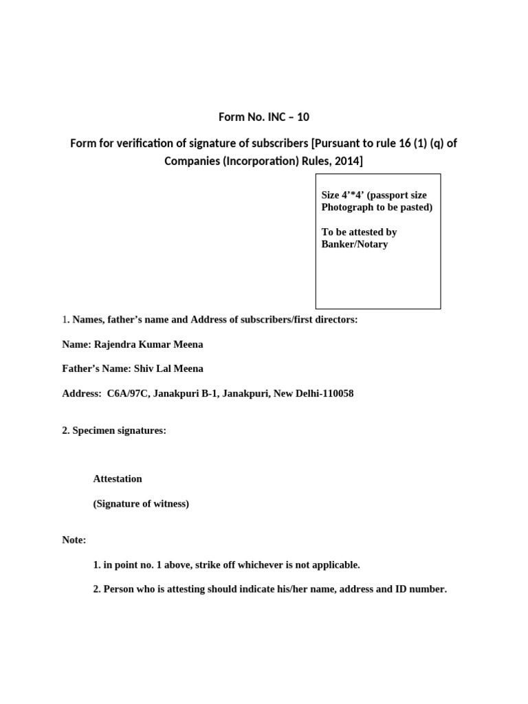 Format of INC 10 As Per New Companies Act 2013 | PDF | Authentication