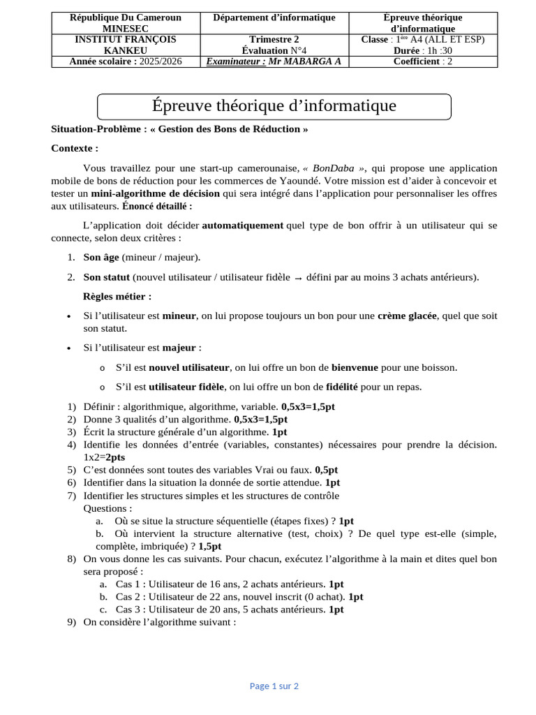 Épreuve Théorique D Informatique DEVOIR 4 Classe de 1ère A4 | PDF ...