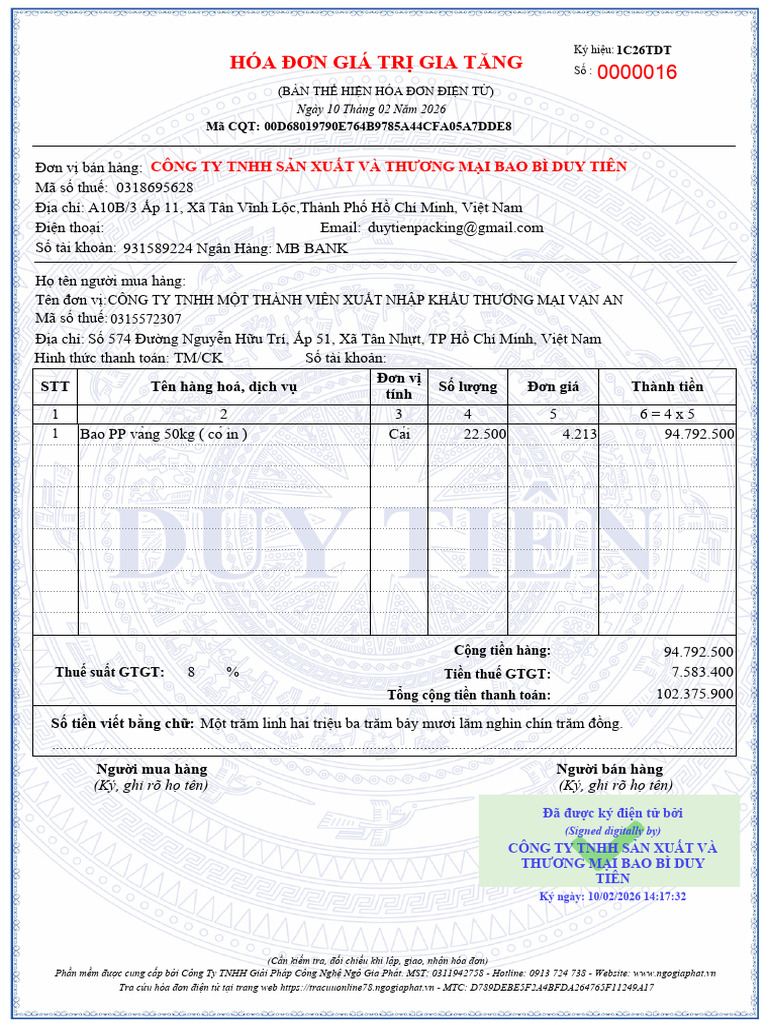 HoaDon 0318695628 1C26TDT 0000016 | PDF