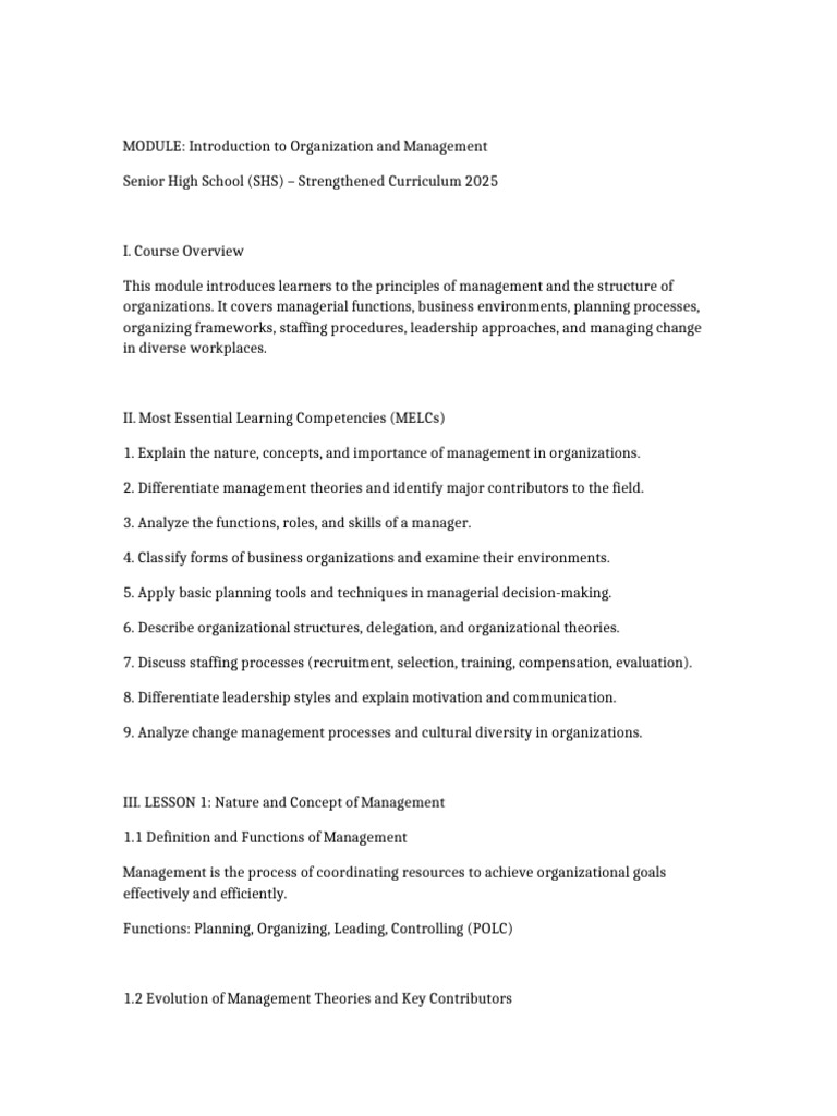 Introduction To Organization and Management Module | PDF | Leadership ...