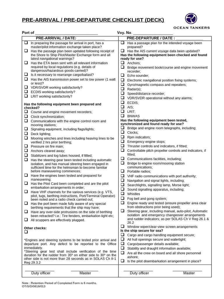013 - Pre-Arrival Pre-Departure Checklist (Deck) | PDF | Ships | Watercraft
