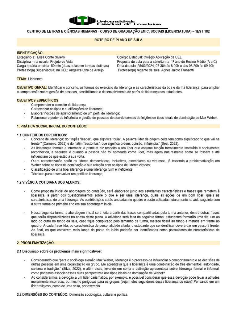Plano de Aula - Elisa Conte Siviero - Projeto de Vida | PDF | Liderança ...