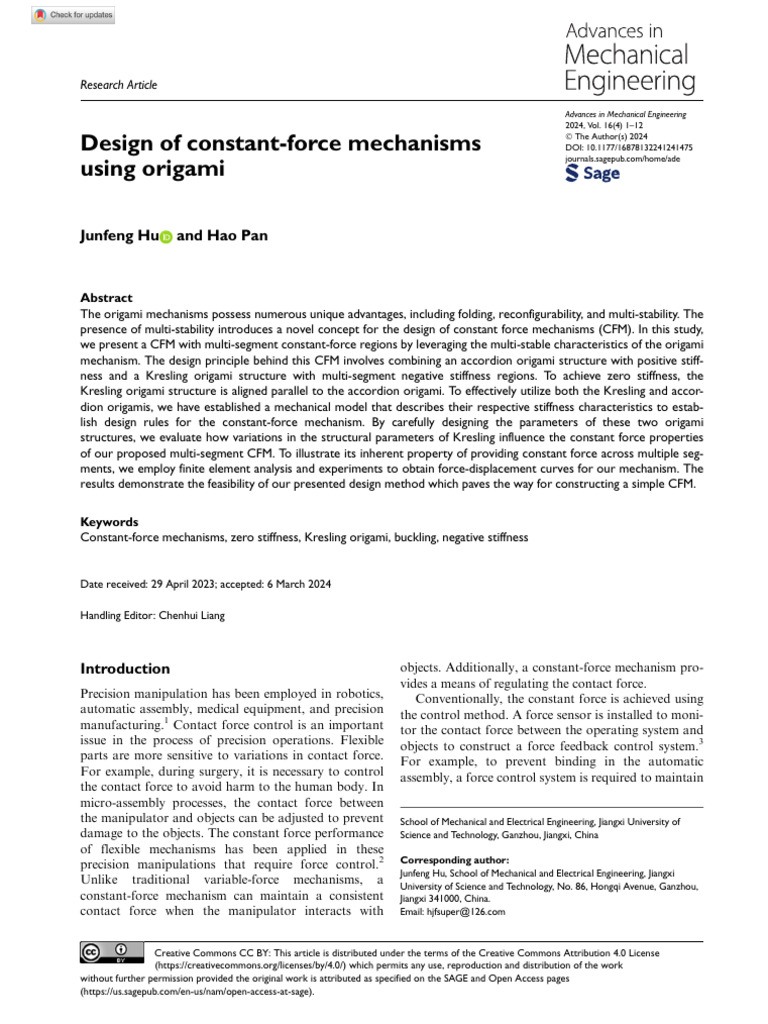Hu Pan 2024 Design of Constant Force Mechanisms Using Origami | PDF ...