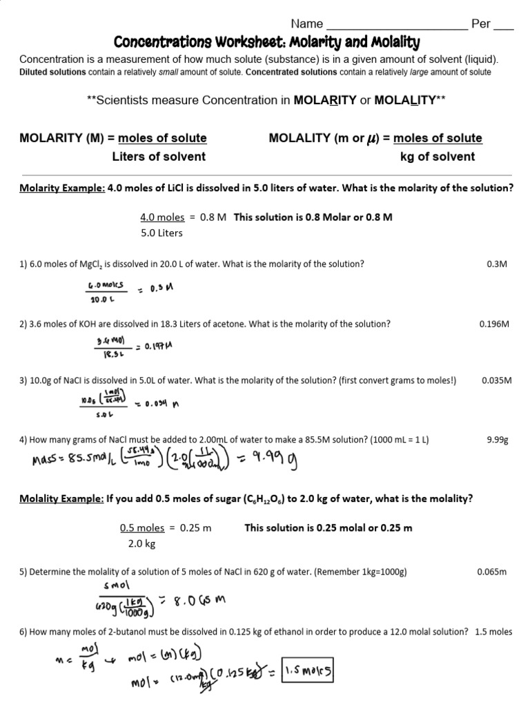 Molarity Molality Worksheet | PDF | Potassium Chloride | Concentration
