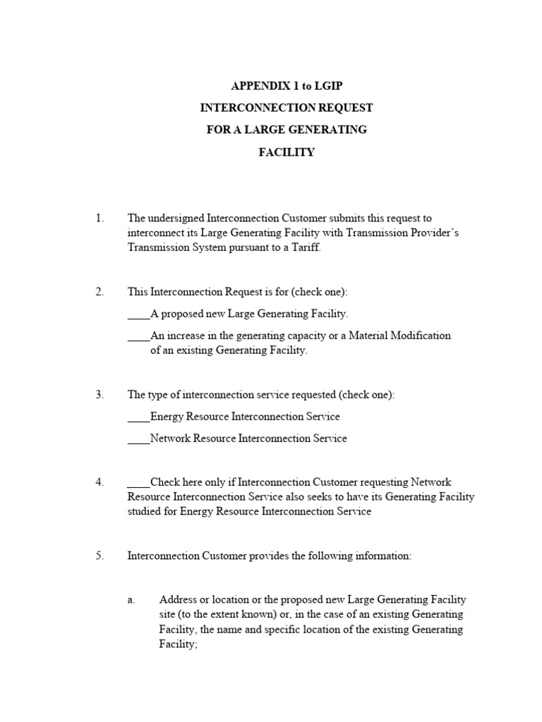 Appendix 1 - Interconnection Request For A Large Generating Facility ...